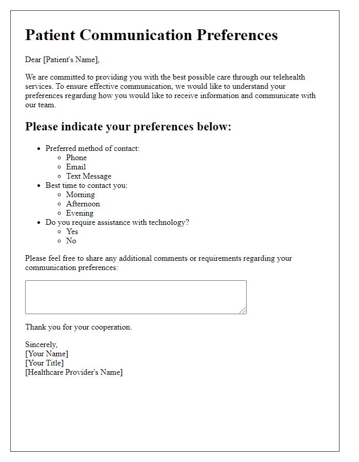 Letter template of patient communication preferences for telehealth consultations