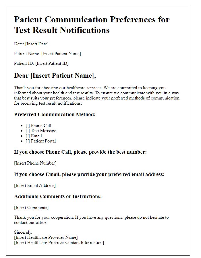 Letter template of patient communication preferences for test result notifications