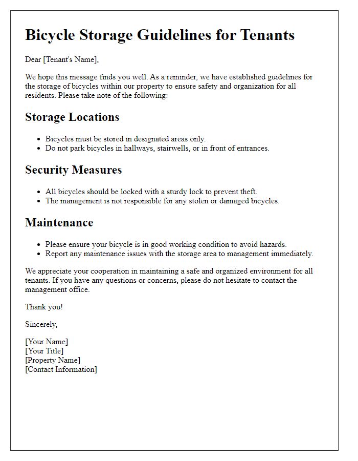 Letter template of bicycle storage guidelines for tenants