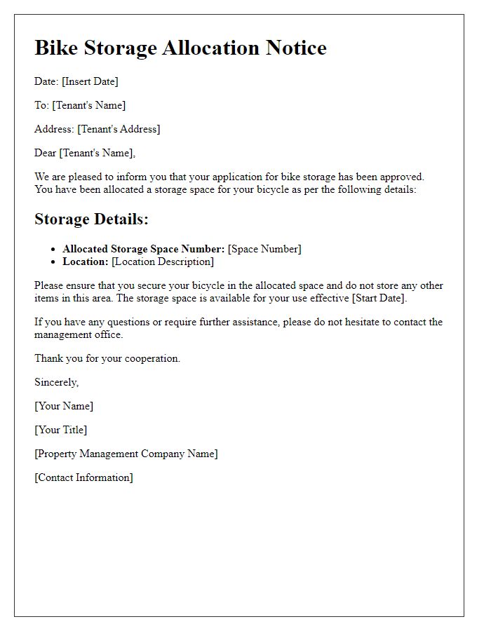 Letter template of bike storage allocation notice for tenants