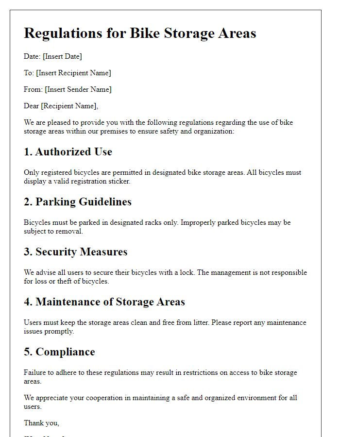 Letter template of regulations for bike storage areas