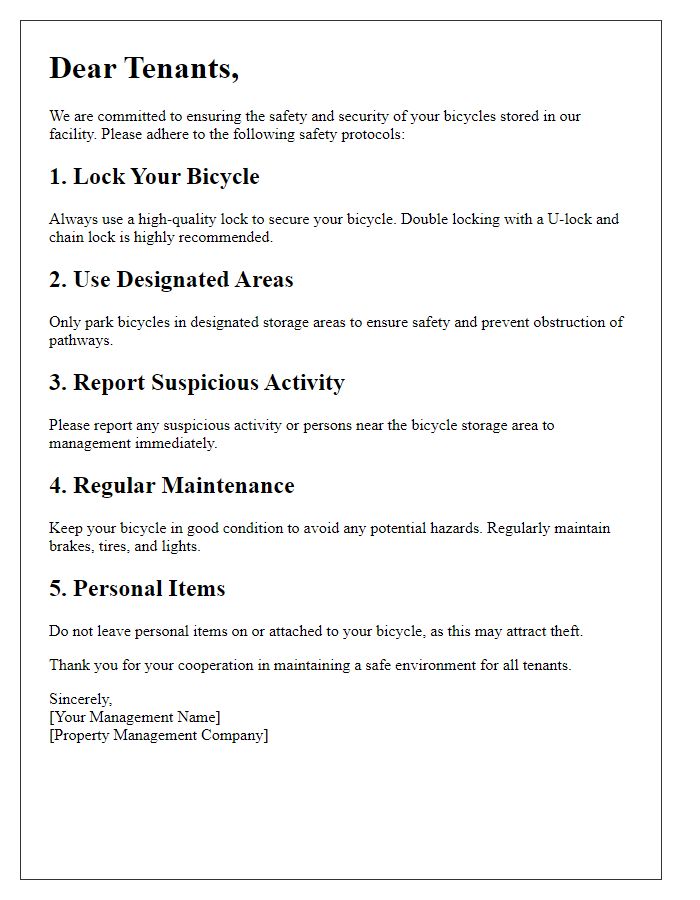 Letter template of safety protocols for tenant bicycle storage