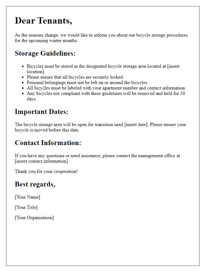 Letter template of seasonal bicycle storage procedures for tenants