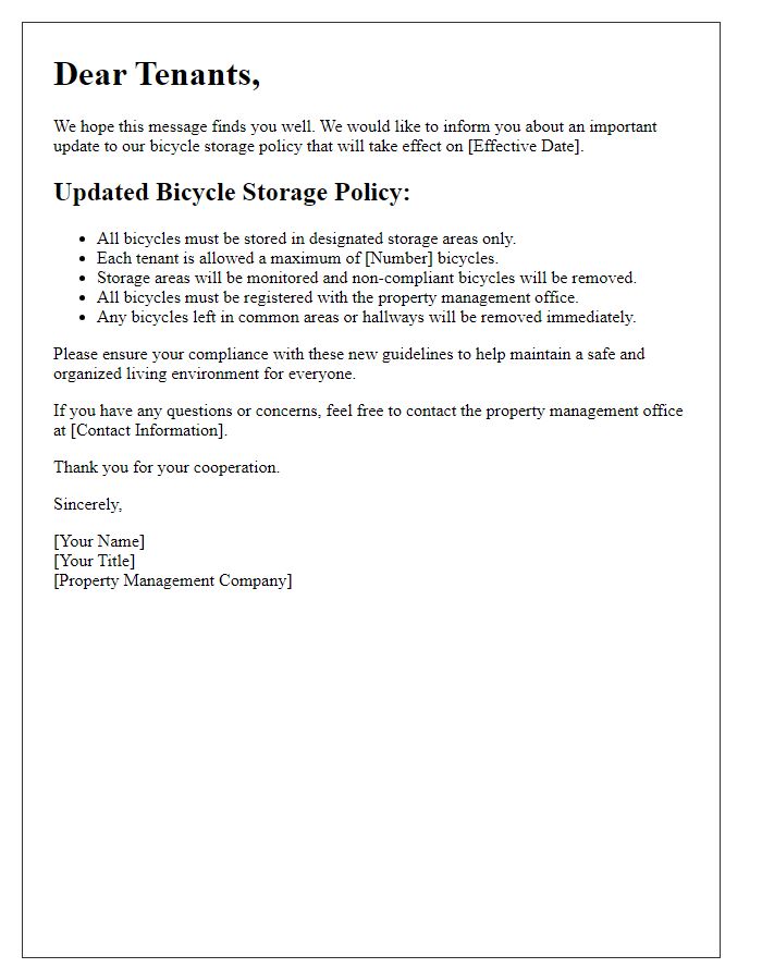 Letter template of tenant bicycle storage policy update