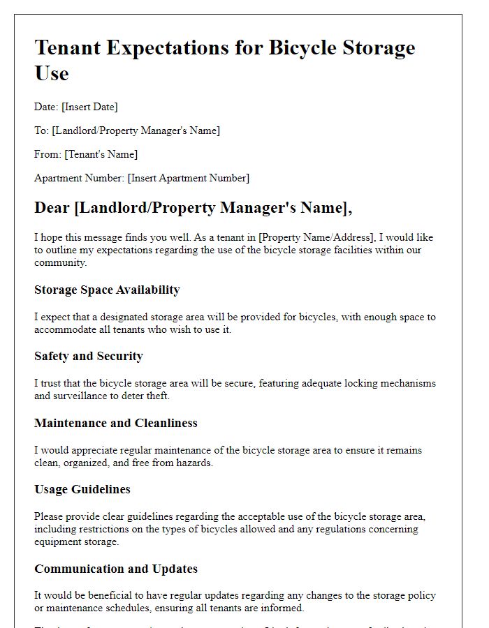 Letter template of tenant expectations for bicycle storage use