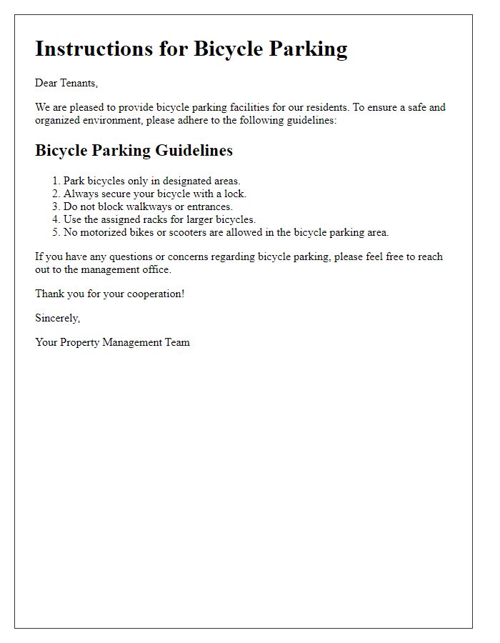 Letter template of tenant instructions for bicycle parking