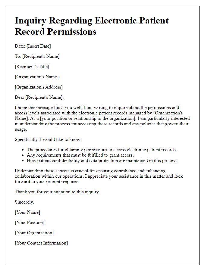 Letter template of inquiry regarding electronic patient record permissions