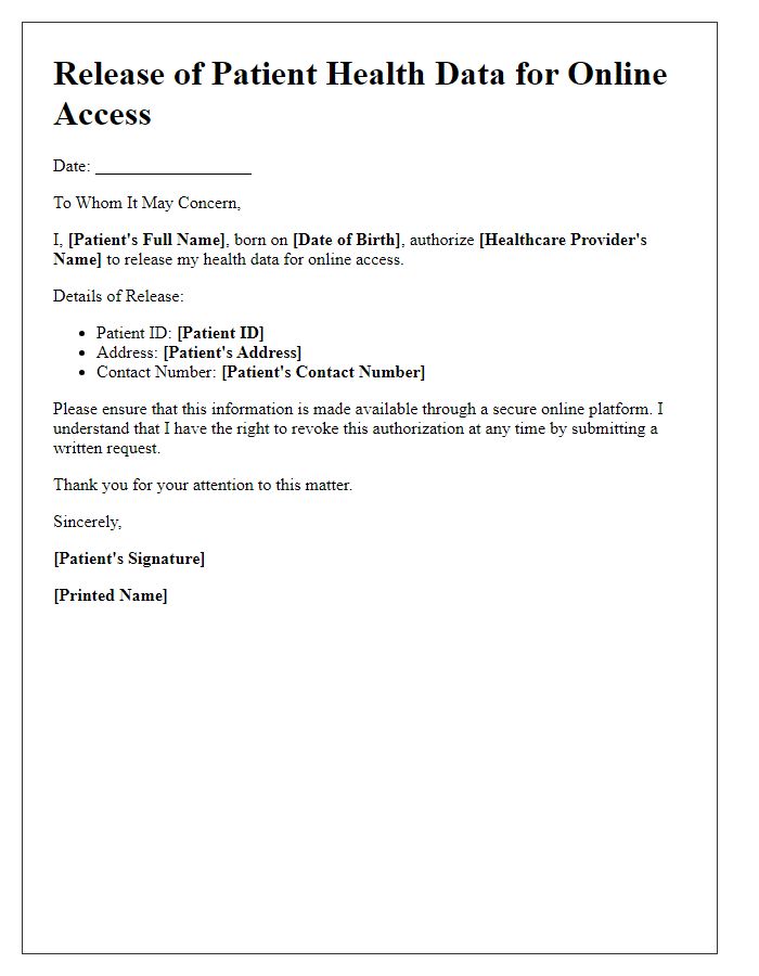 Letter template of release of patient health data for online access