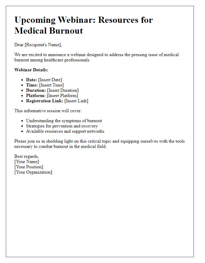 Letter template of announcement for a medical burnout resources webinar