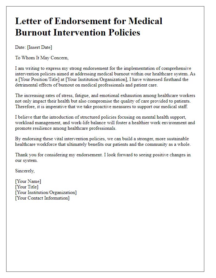 Letter template of endorsement for medical burnout intervention policies