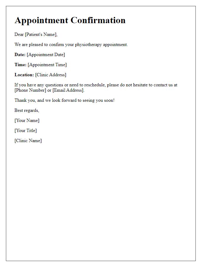 Letter template of physiotherapy appointment confirmation for patients