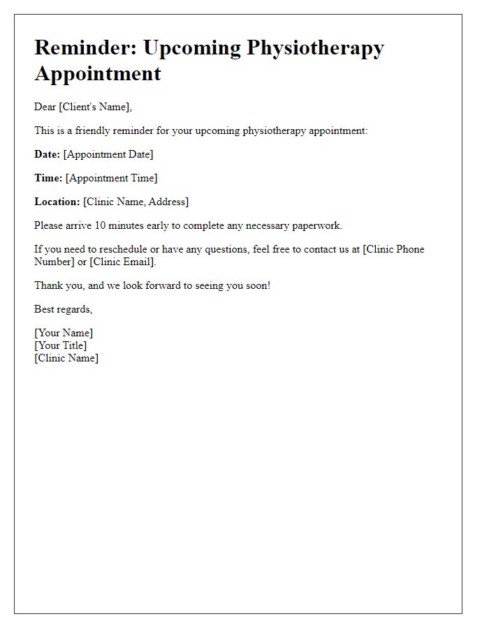 Letter template of physiotherapy appointment reminder for clients