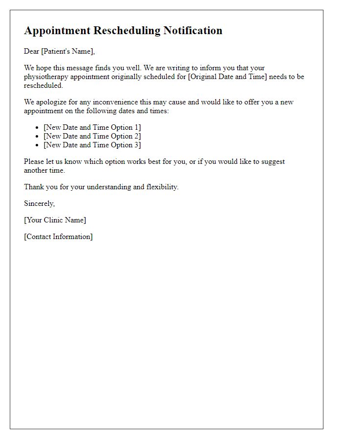 Letter template of physiotherapy appointment rescheduling for patients