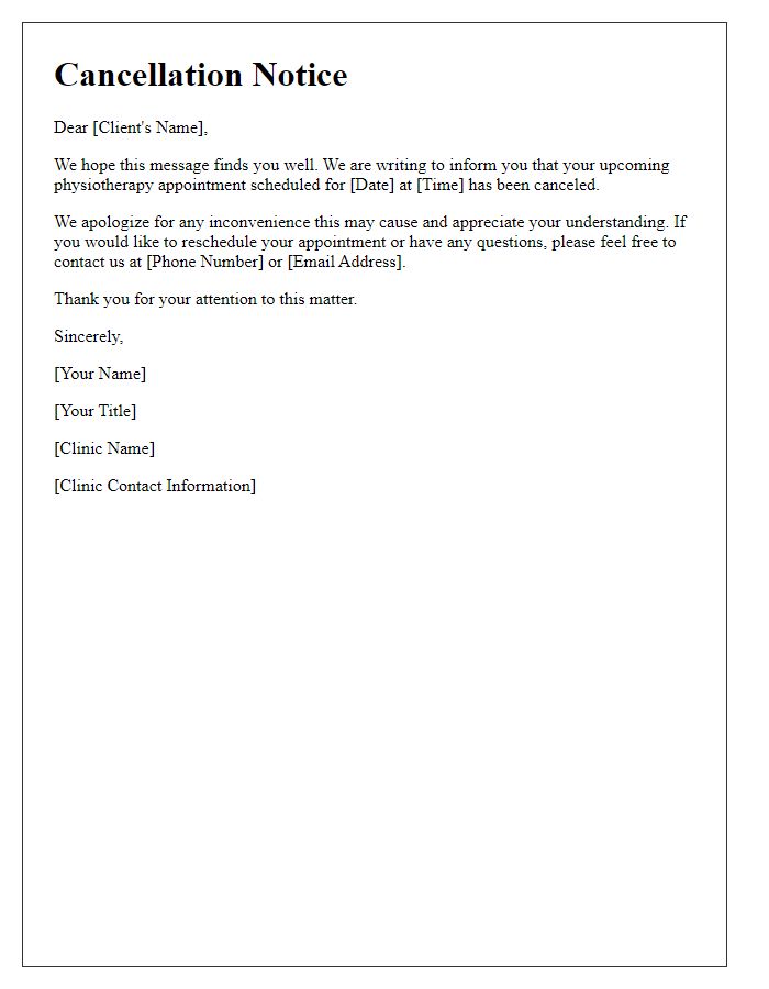 Letter template of physiotherapy cancellation notice for clients