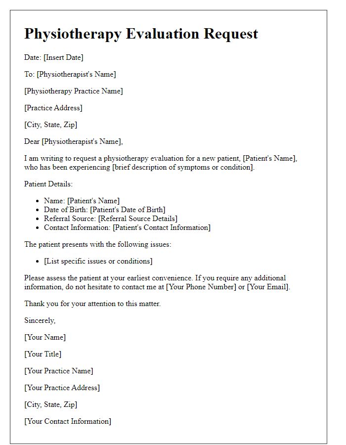 Letter template of physiotherapy evaluation request for new patients