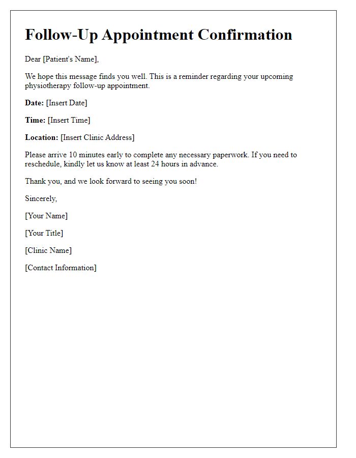 Letter template of physiotherapy follow-up appointment scheduling