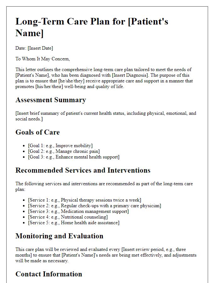 Letter template of comprehensive long-term care plan for patient needs