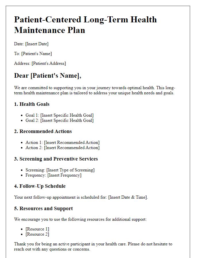 Letter template of patient-centered long-term health maintenance plan