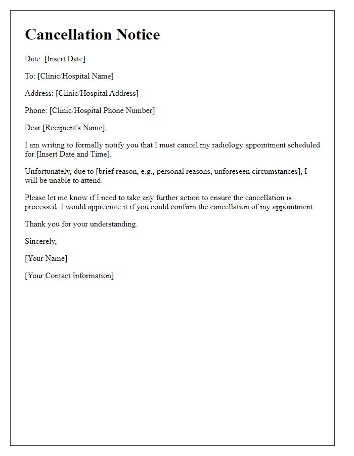 Letter template of cancellation notice for radiology appointment.