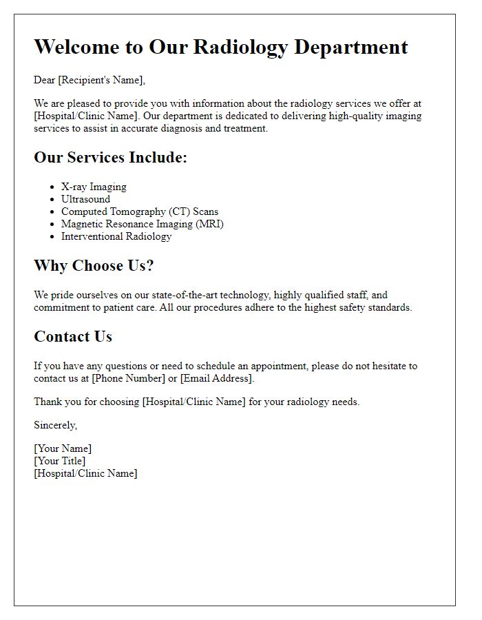 Letter template of general information about radiology services offered.