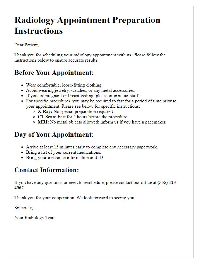 Letter template of instructions for radiology appointment preparation.