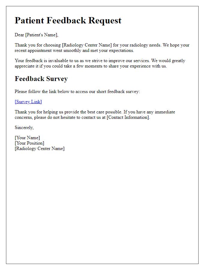 Letter template of patient feedback request post-radiology appointment.