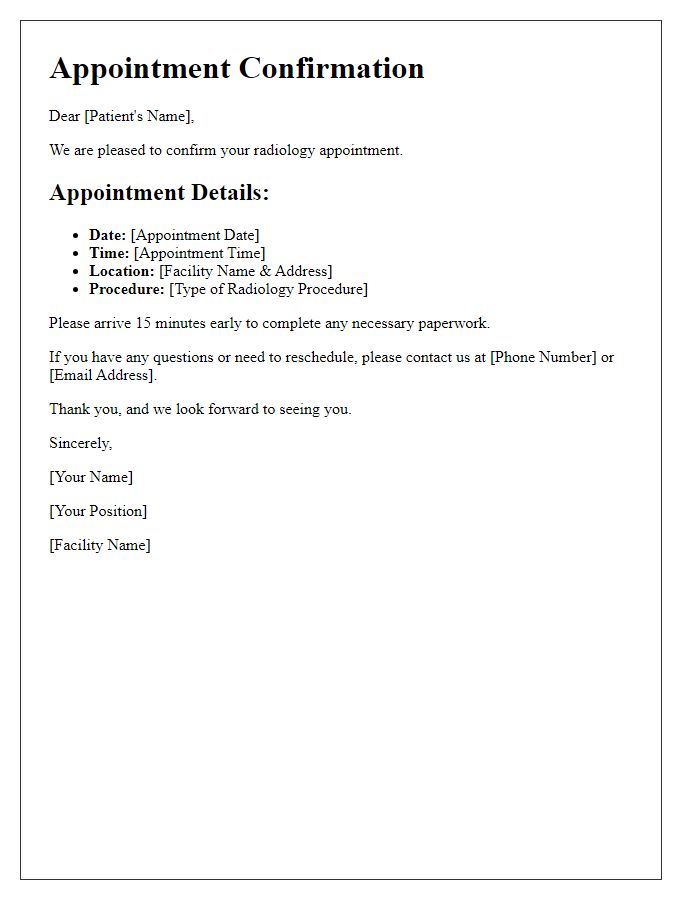 Letter template of radiology appointment confirmation for patients.