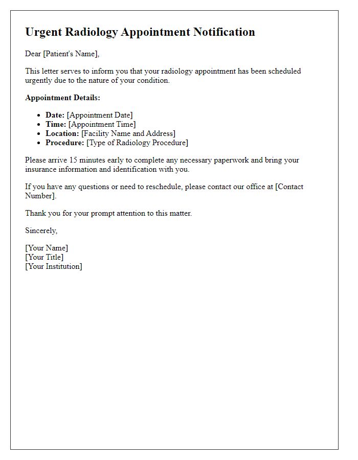 Letter template of urgent radiology appointment notification.