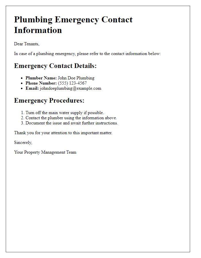 Letter template of plumbing emergency contact information for tenants