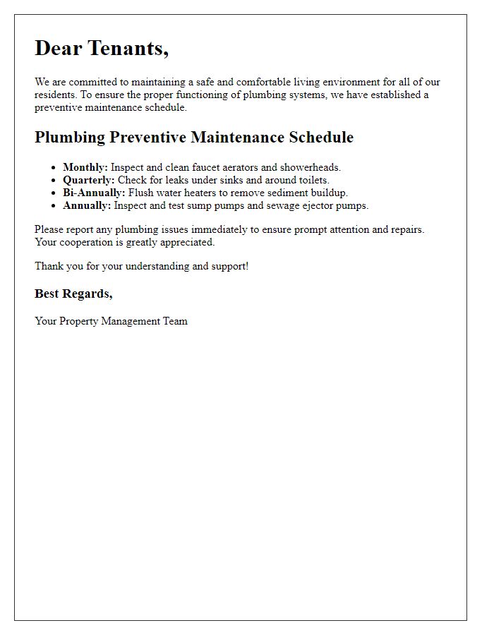 Letter template of plumbing preventive maintenance schedule for tenants