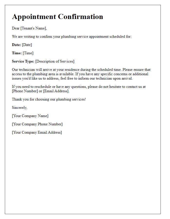 Letter template of plumbing service appointment confirmation for tenants