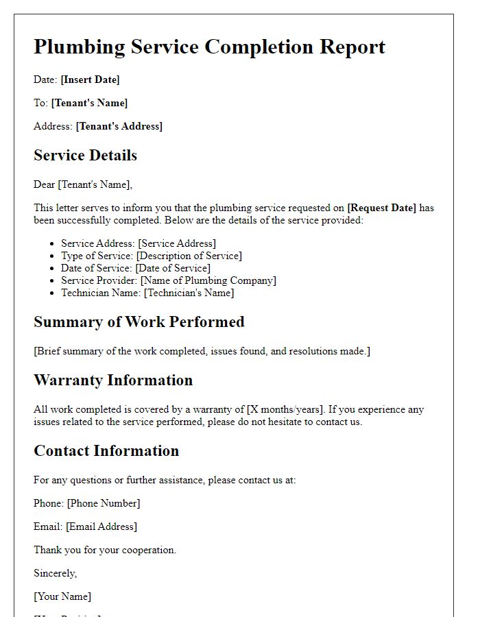 Letter template of plumbing service completion report for tenants