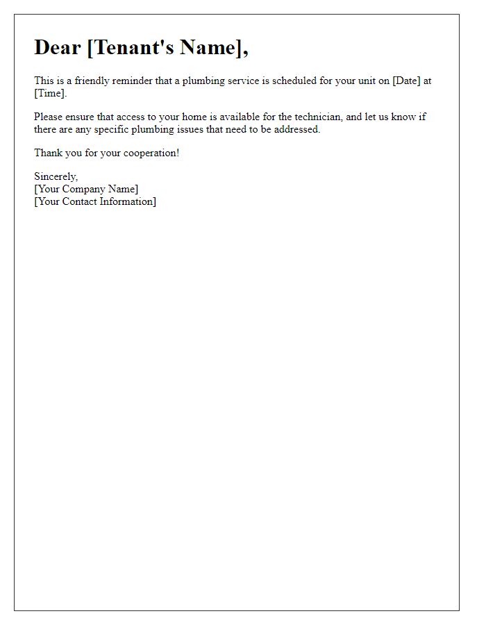 Letter template of plumbing service reminder for tenants