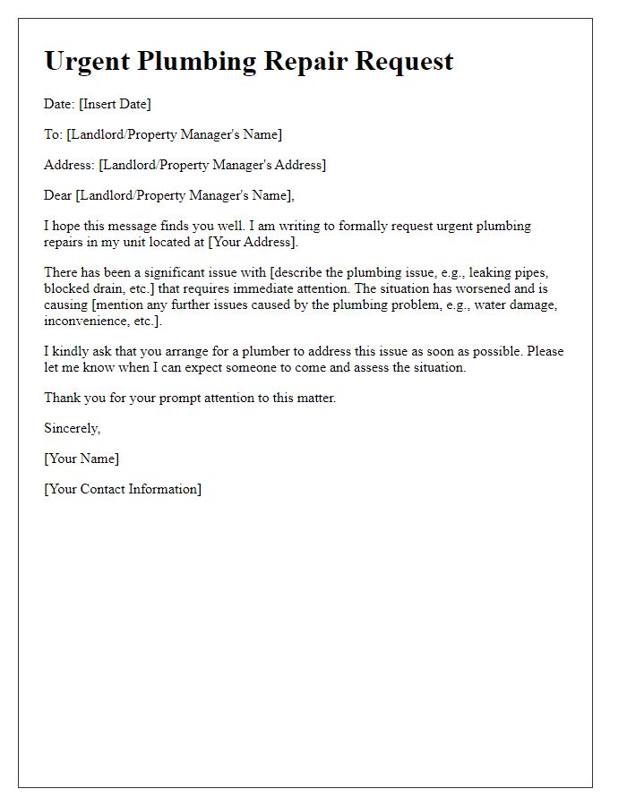 Letter template of urgent plumbing repair request for tenants