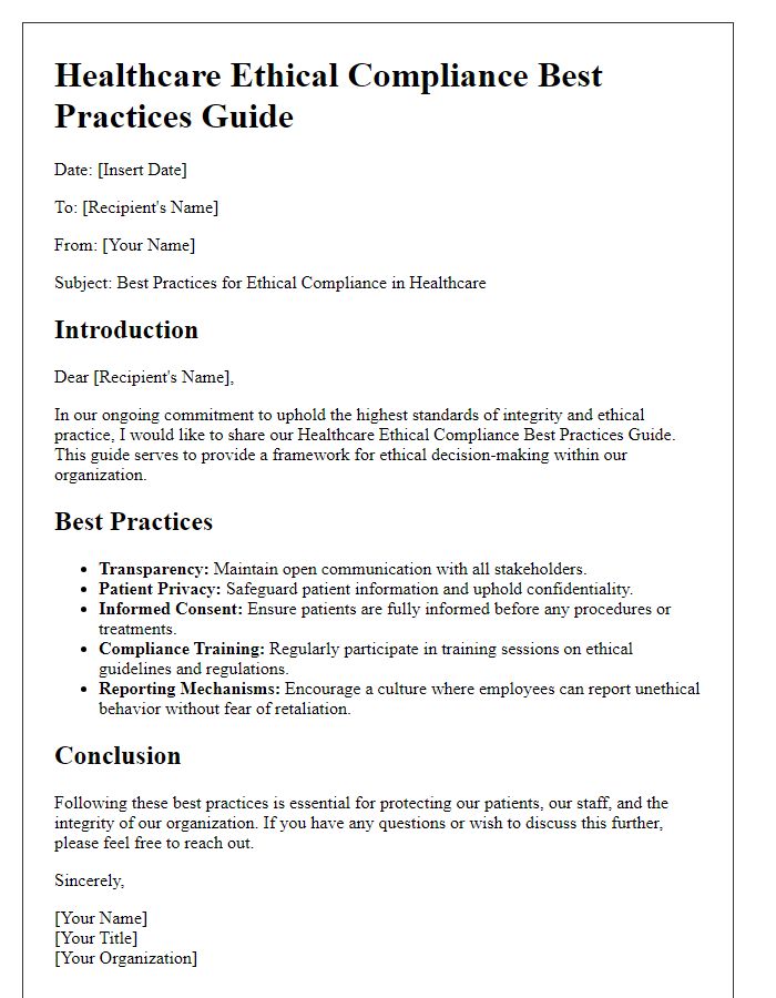 Letter template of healthcare ethical compliance best practices guide