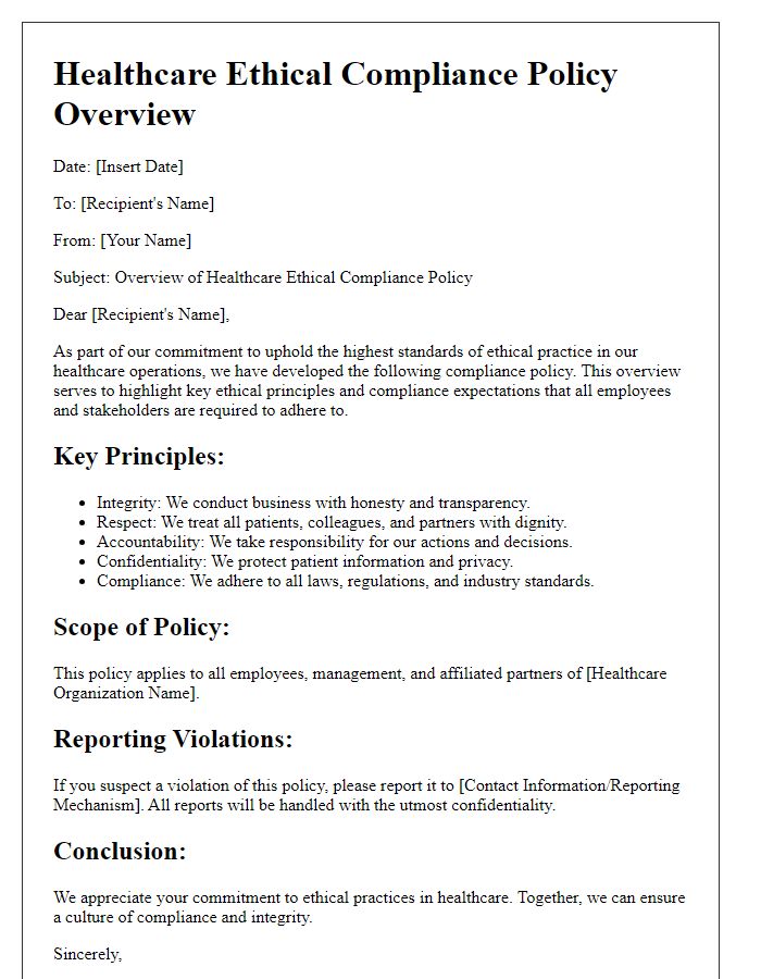 Letter template of healthcare ethical compliance policy overview