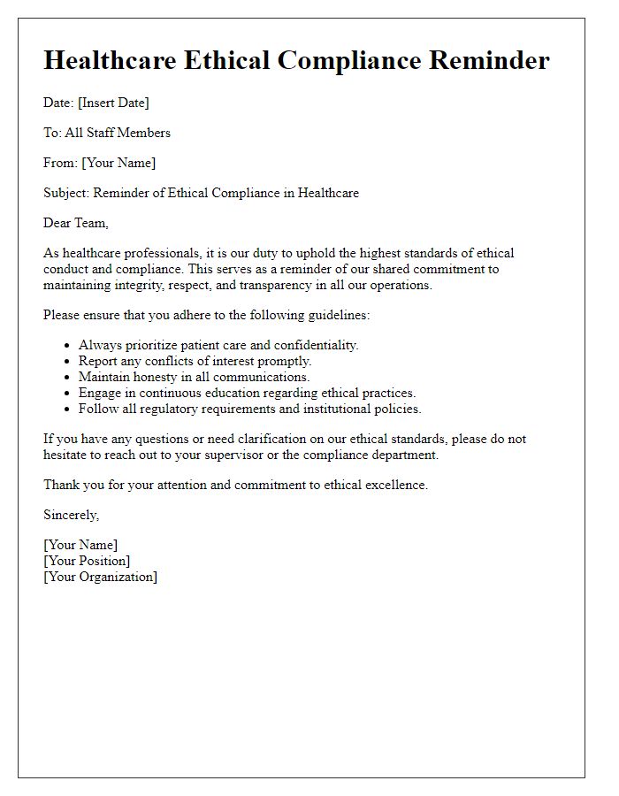 Letter template of healthcare ethical compliance reminder for staff