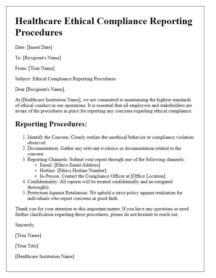 Letter template of healthcare ethical compliance reporting procedures