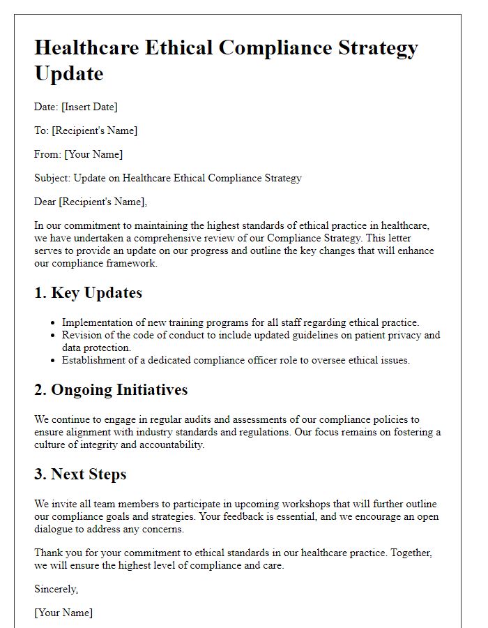 Letter template of healthcare ethical compliance strategy update