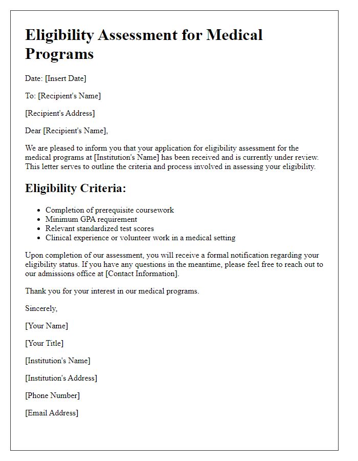 Letter template of eligibility assessment for medical programs