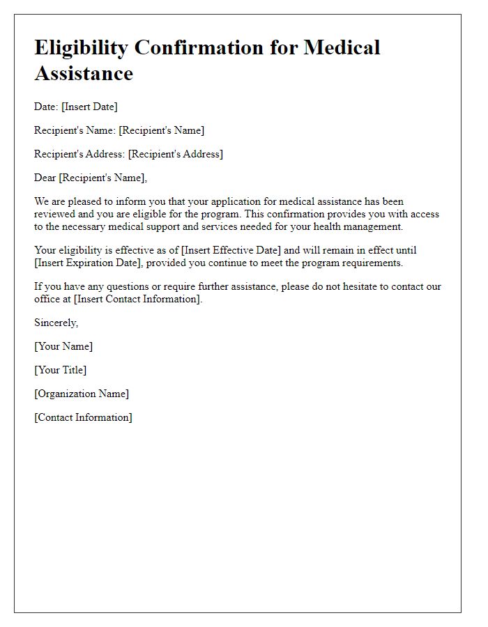 Letter template of eligibility confirmation for medical assistance