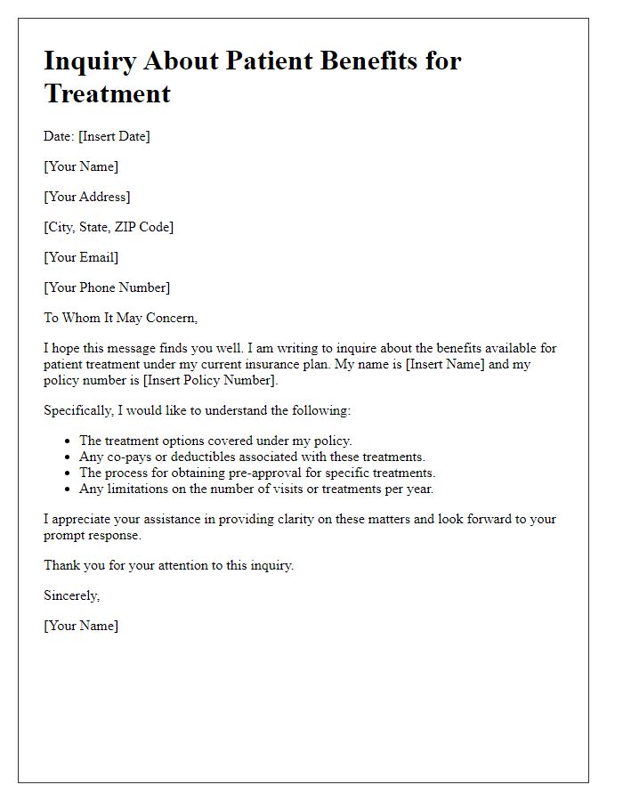 Letter template of inquiry about patient benefits for treatment