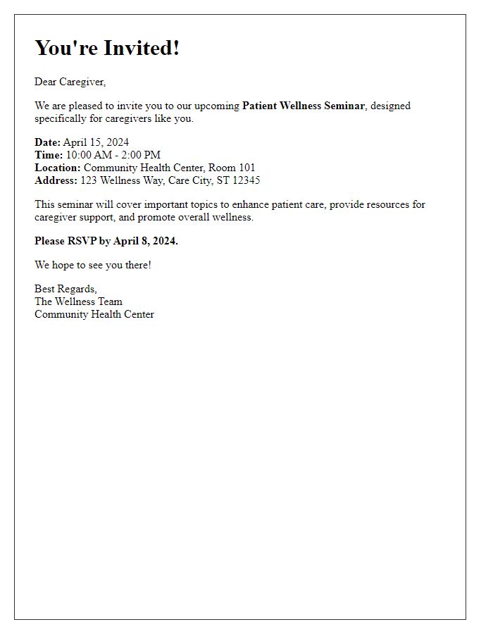 Letter template of invitation to patient wellness seminar for caregivers