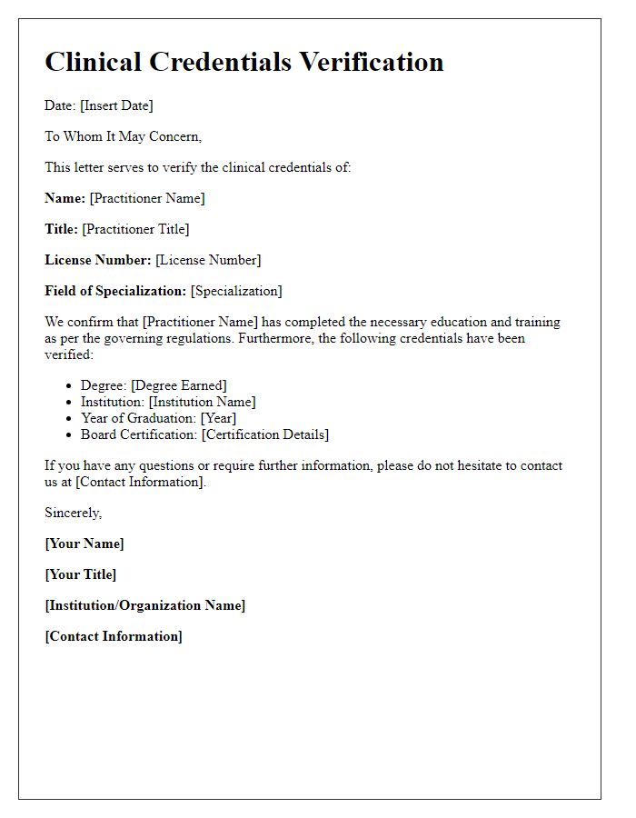 Letter template of clinical credentials verification for healthcare practitioners