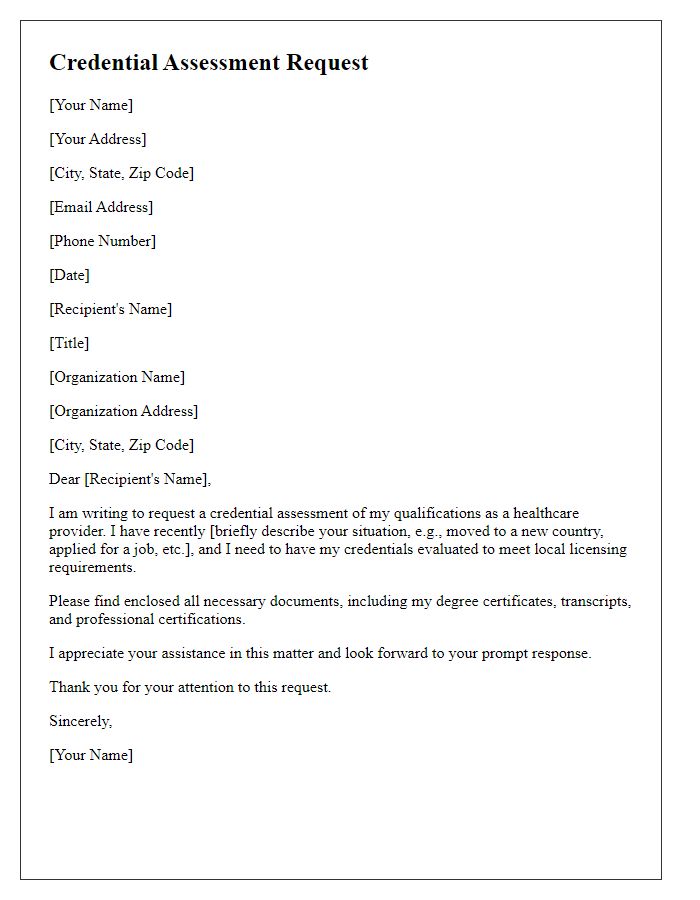 Letter template of credential assessment request for healthcare providers