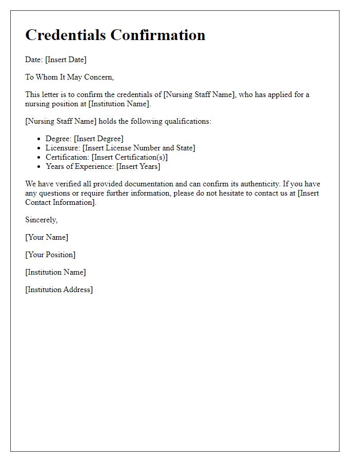 Letter template of credentials confirmation for nursing staff