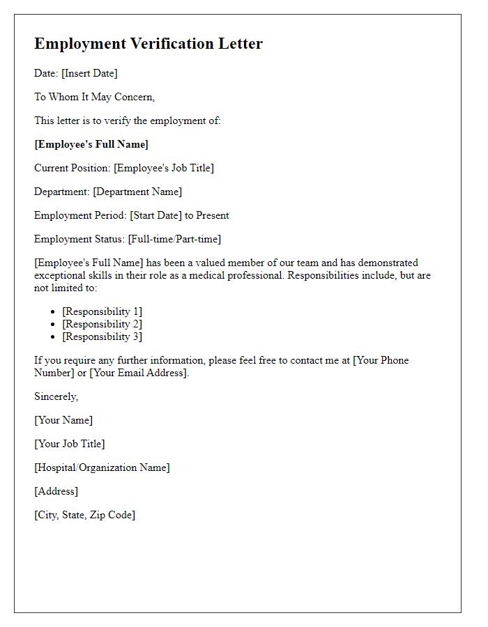 Letter template of employment verification for medical professionals