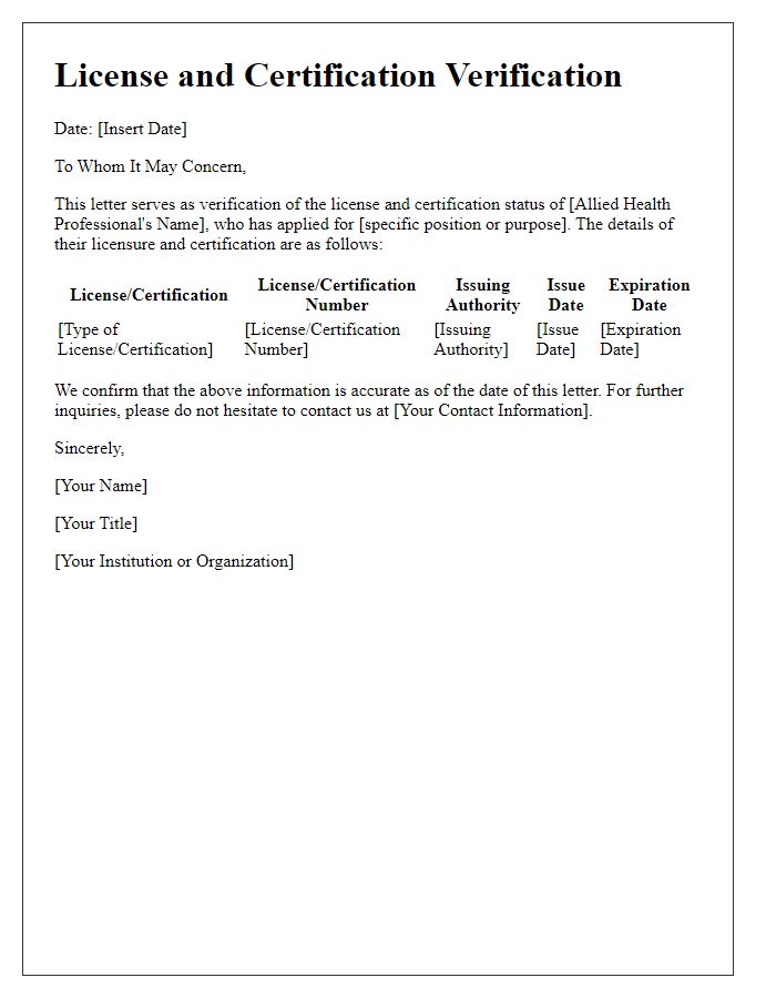 Letter template of license and certification verification for allied health professionals