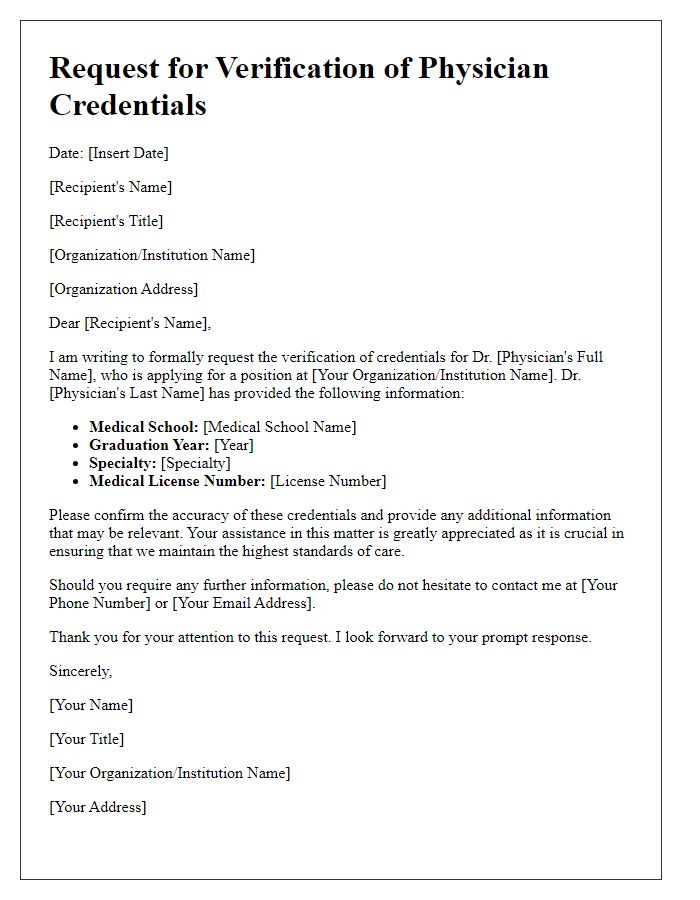 Letter template of request for verification of physician credentials