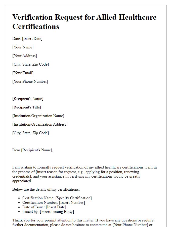 Letter template of verification request for allied healthcare certifications